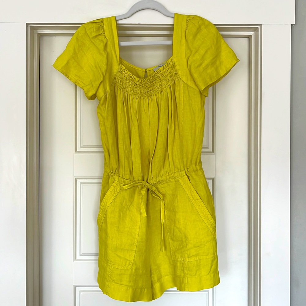 Bright yellow joie romper with drawstring and pockets